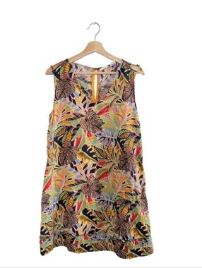 🎈C&C CALIFORNIA Sz S 100% Linen Multicolor Tropical Shift Dress Beach